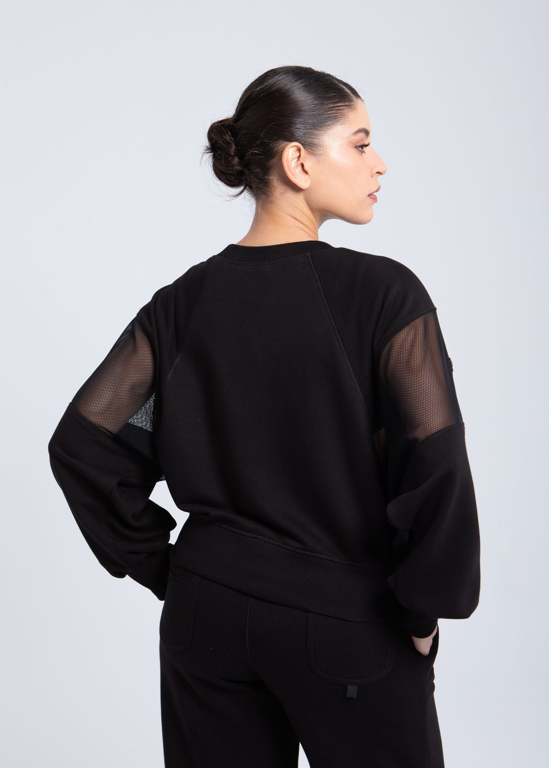 Back view oversized mesh sweatshirt black