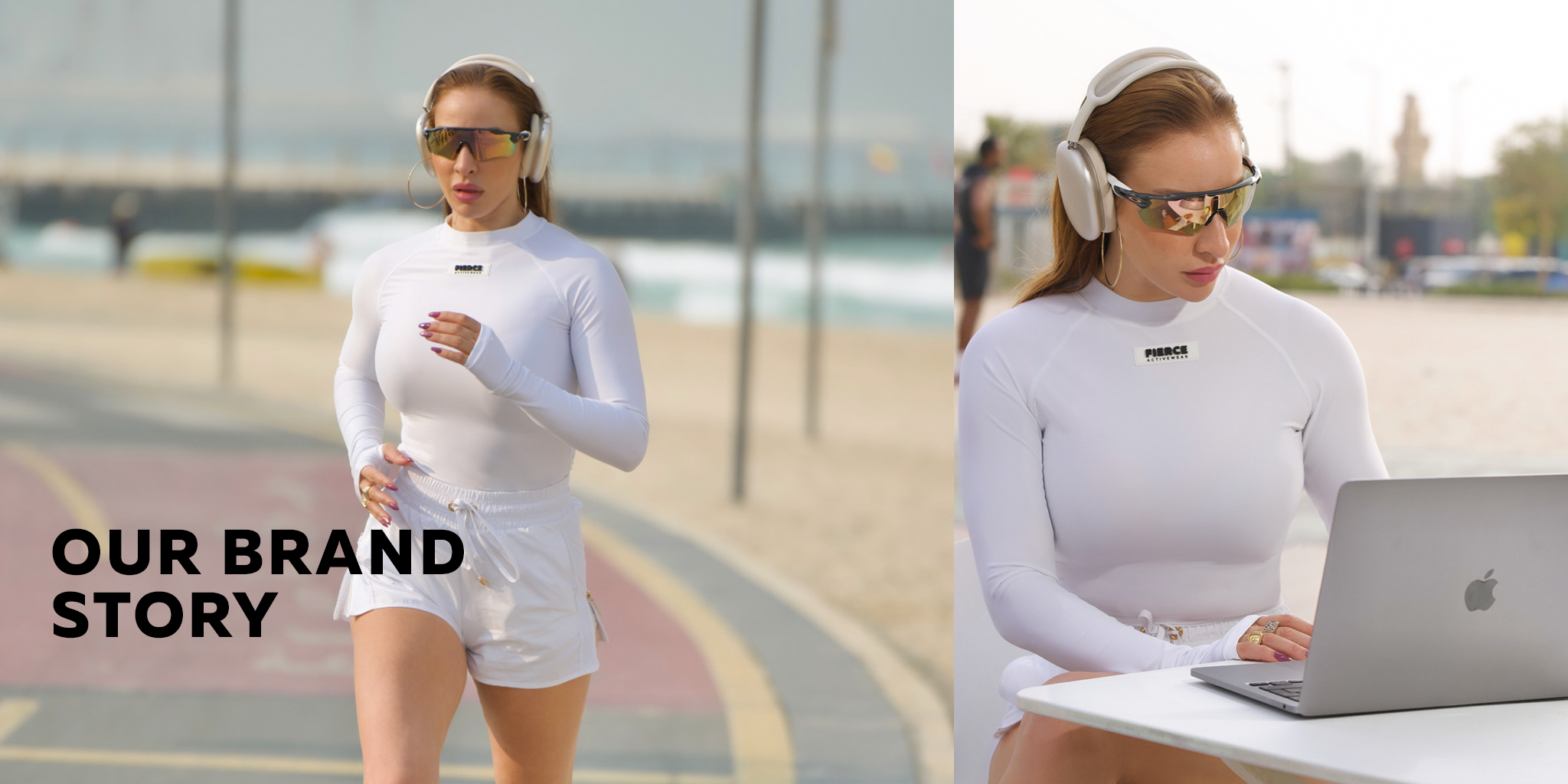 Woman running on a track and working on a laptop outdoors wearing Fierce.