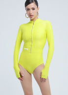 UV-protected one-piece swimwear with thumb holes and sleek design