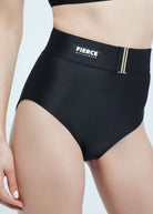 Black high-waisted athletic shorts with 'Fierce' logo on a white background