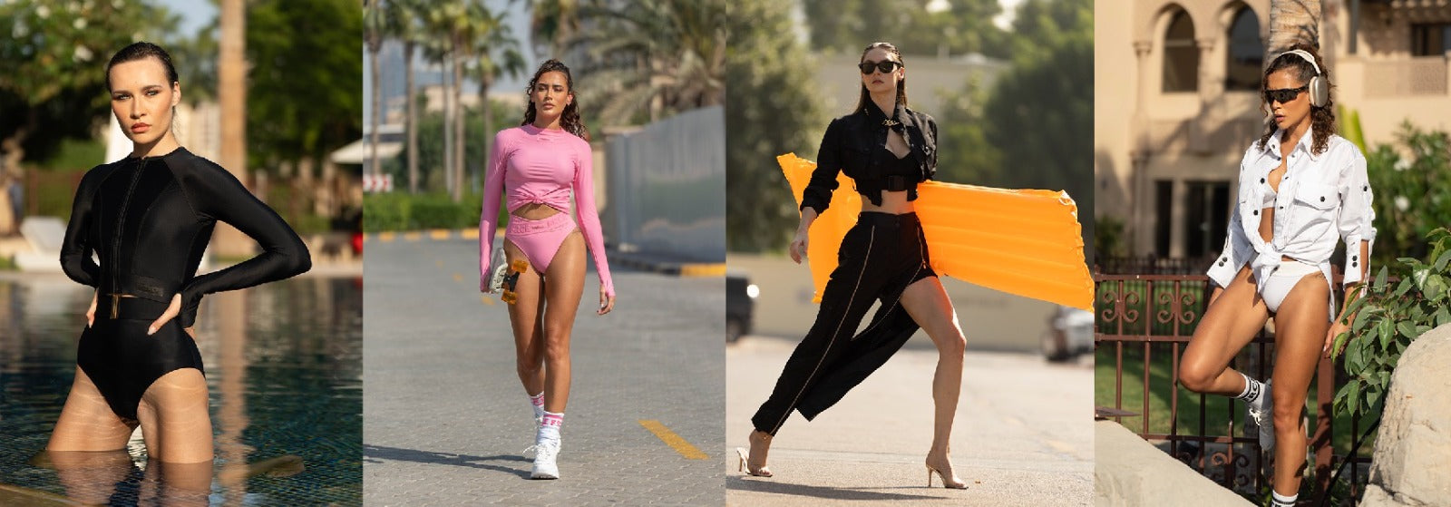 Five different women in various Fierce outfits and settings, including a pool, street, and outdoor area.