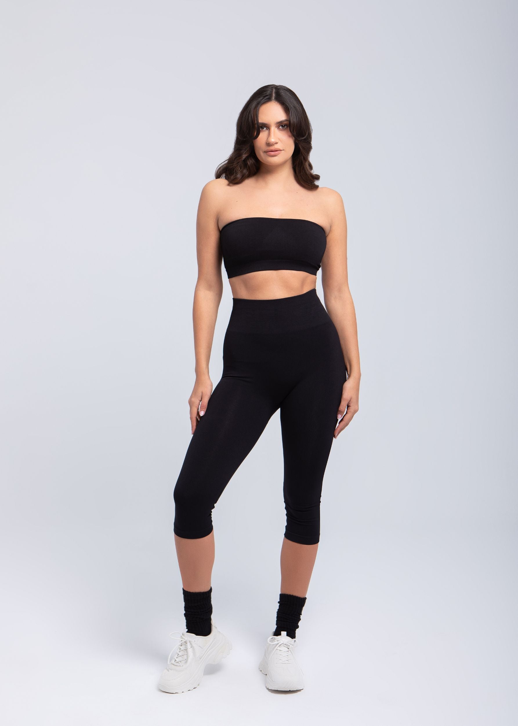 Model wearing black Second Skin sculpt push-up bandeau bra front full body view