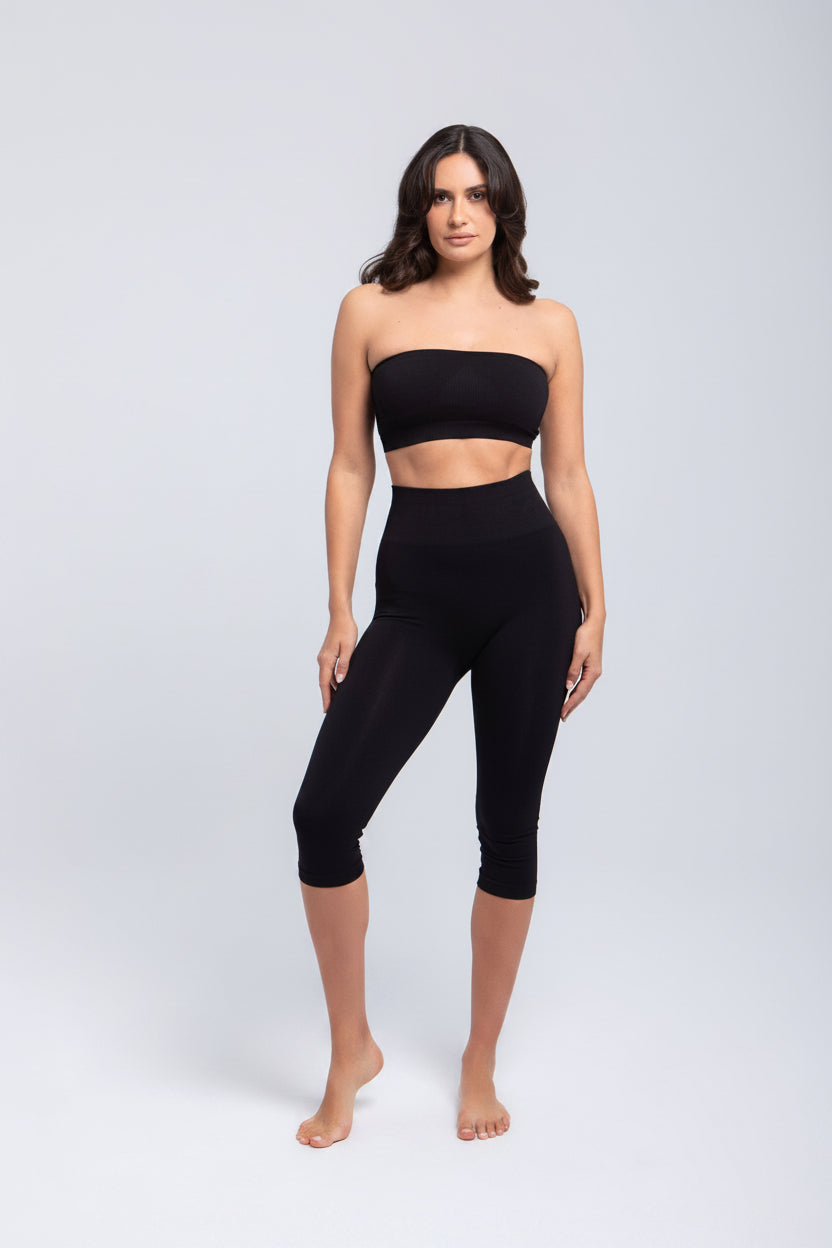 Model wearing black Second Skin sculpt push-up bandeau bra front full body view