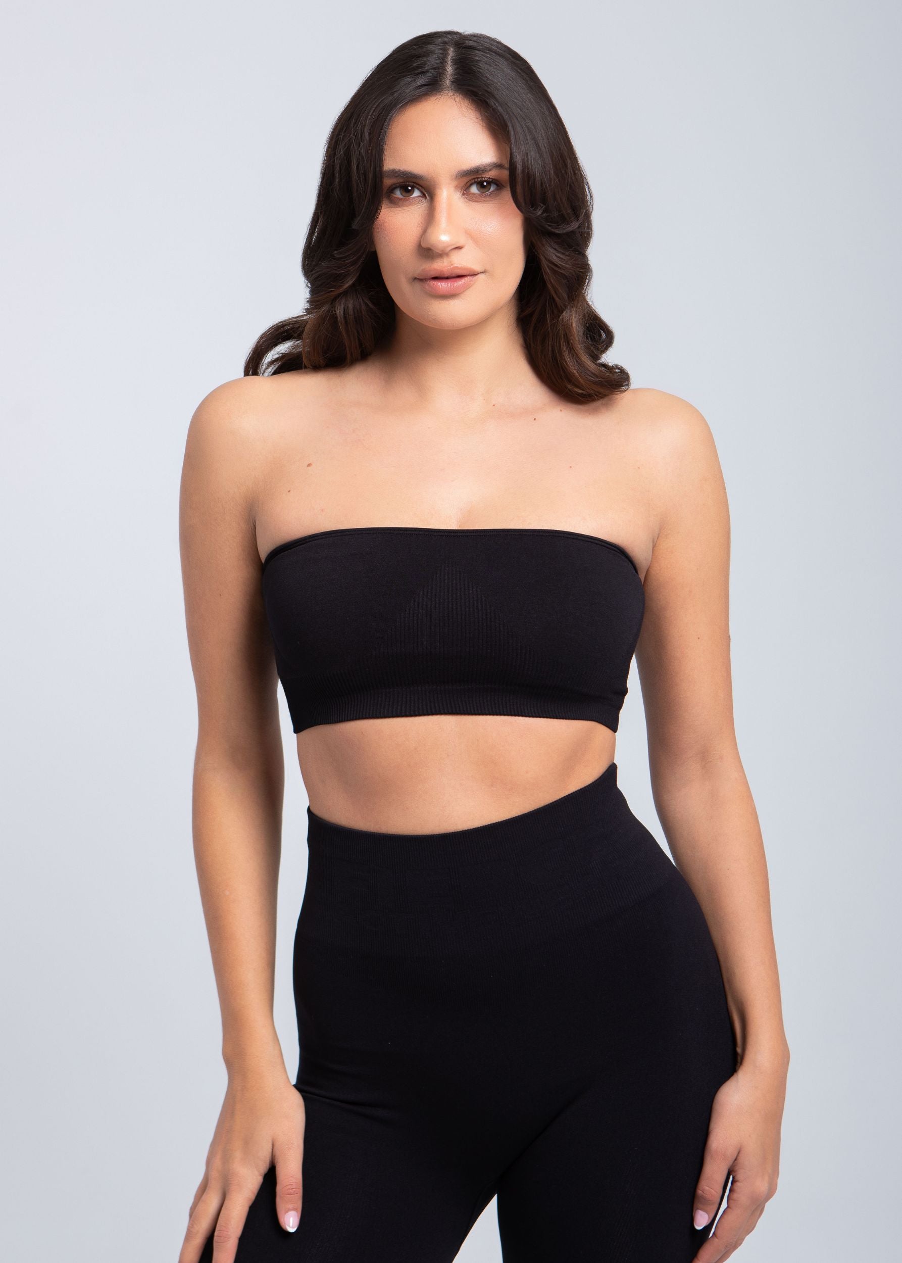 Close-up angled front view of black Second Skin bandeau bra