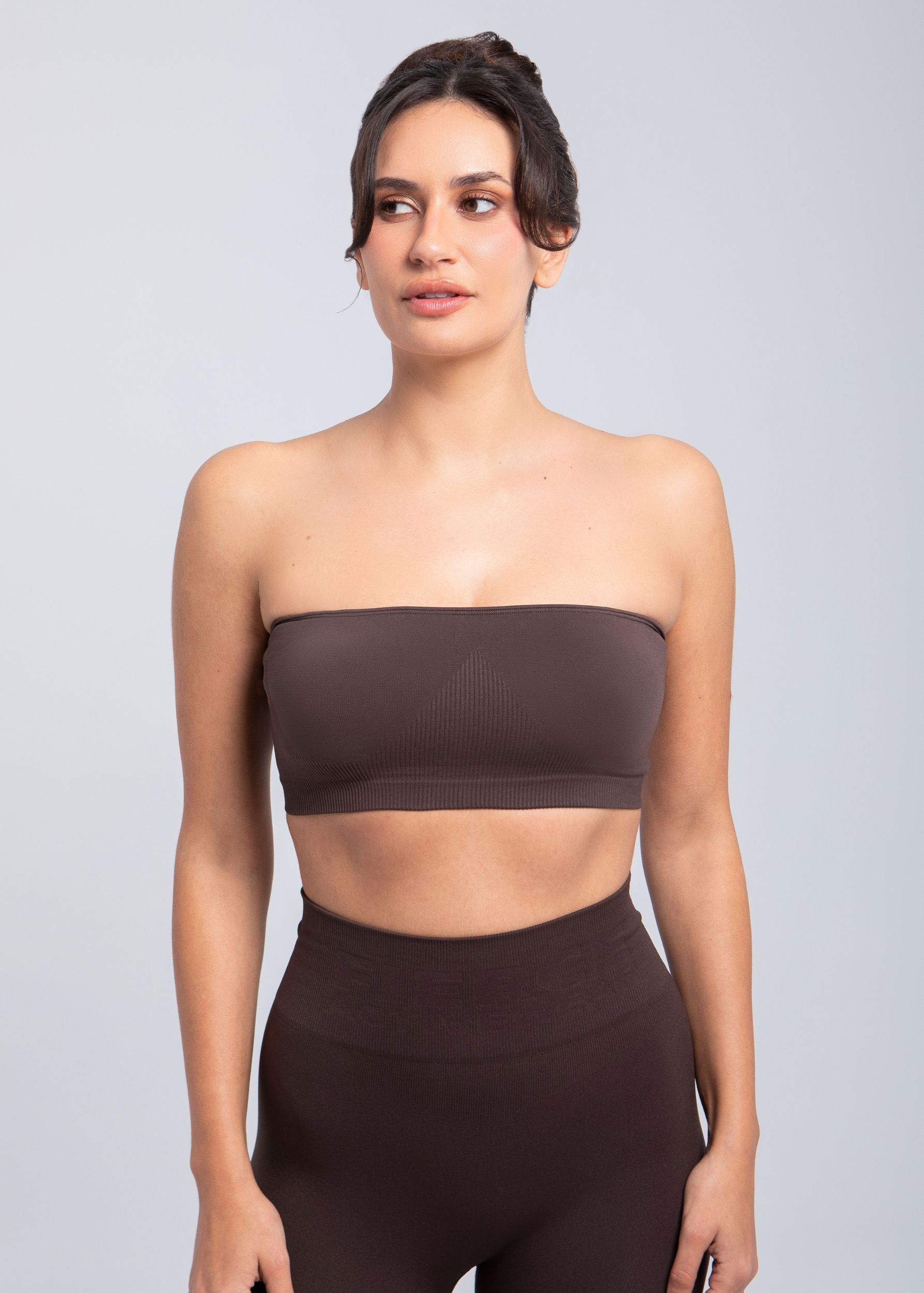 Close-up angled front view of Espresso Second Skin bandeau bra