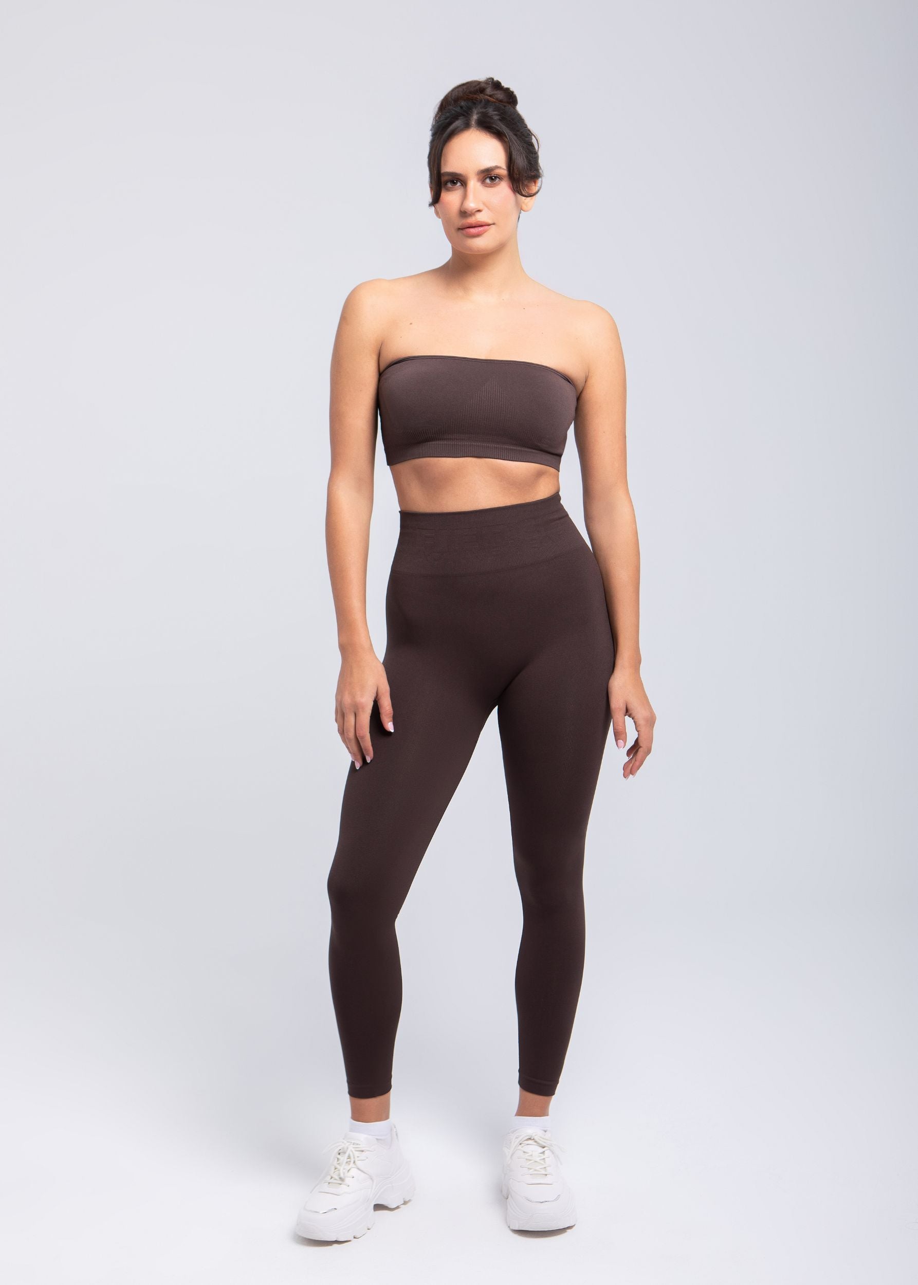 Model wearing black Second Skin sculpt push-up bandeau bra front full body view