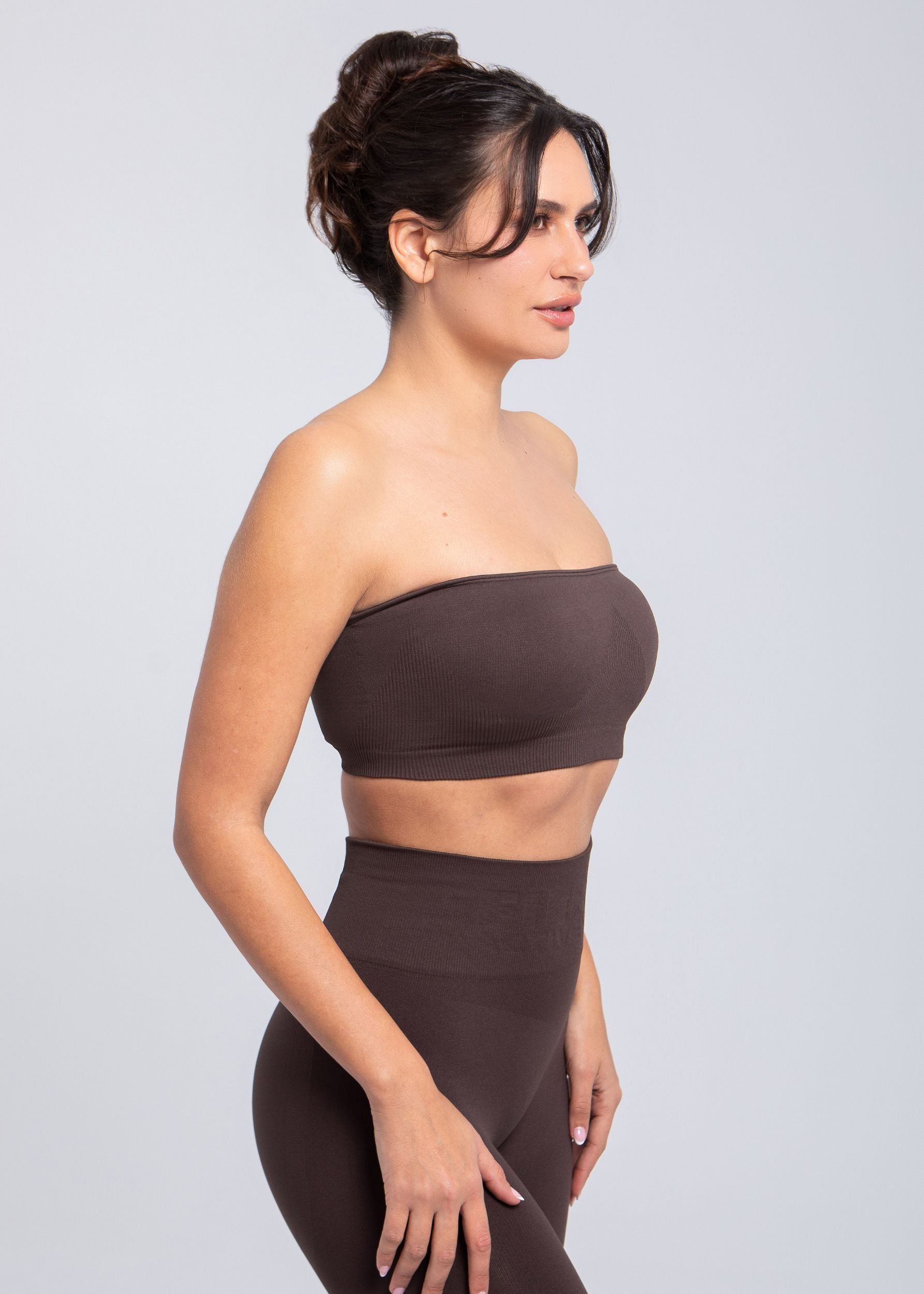 Close-up front view of Espresso seamless bandeau bra with sculpt contour knit