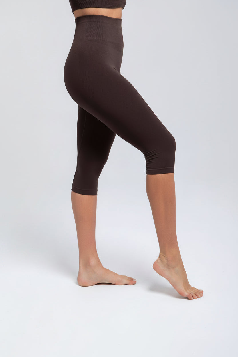 Espresso Second Skin capri leggings side view showing seamless fit and high rise