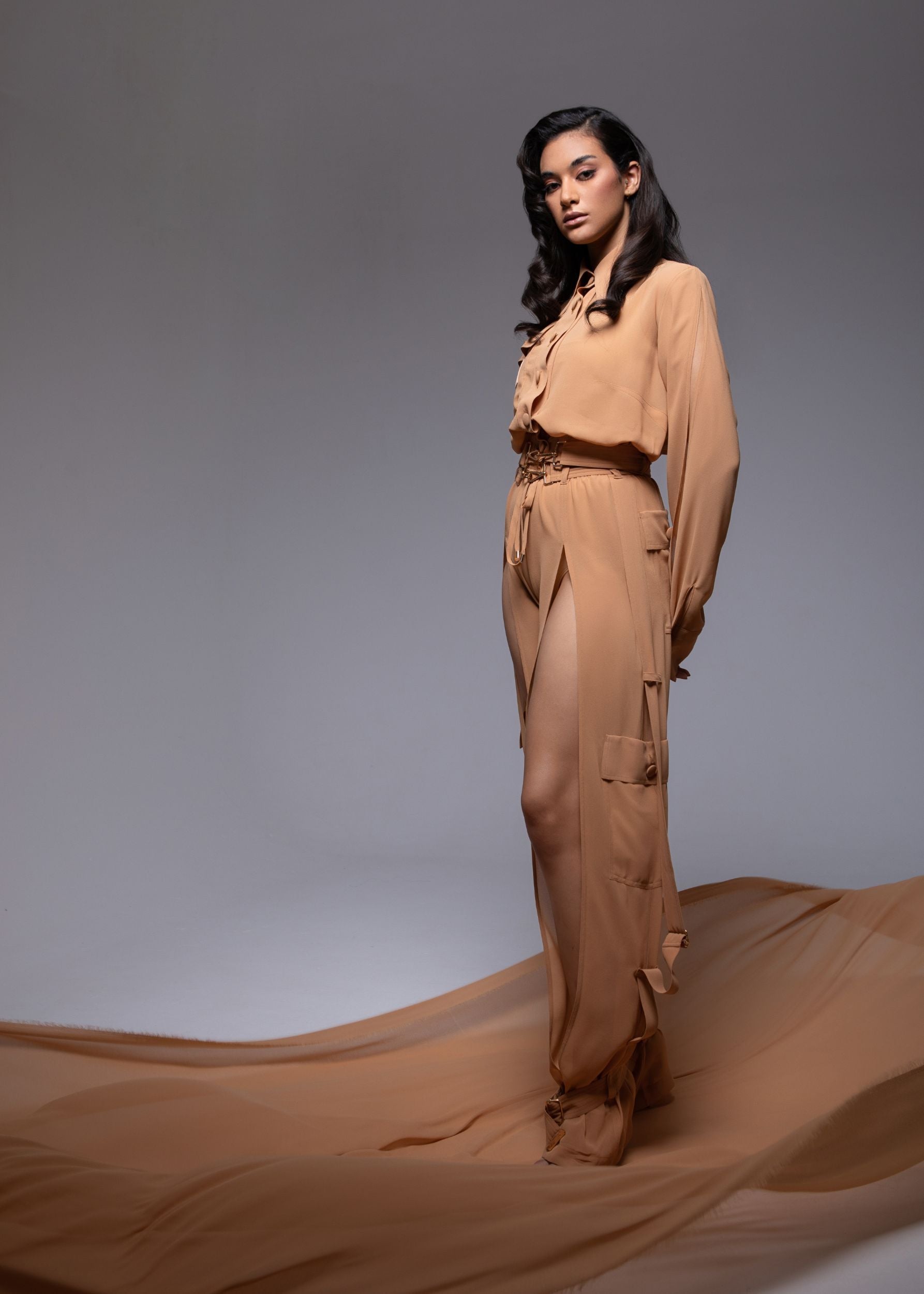 Sheer Cargo Pants with adjustable waist and ankle belts for customizable fit