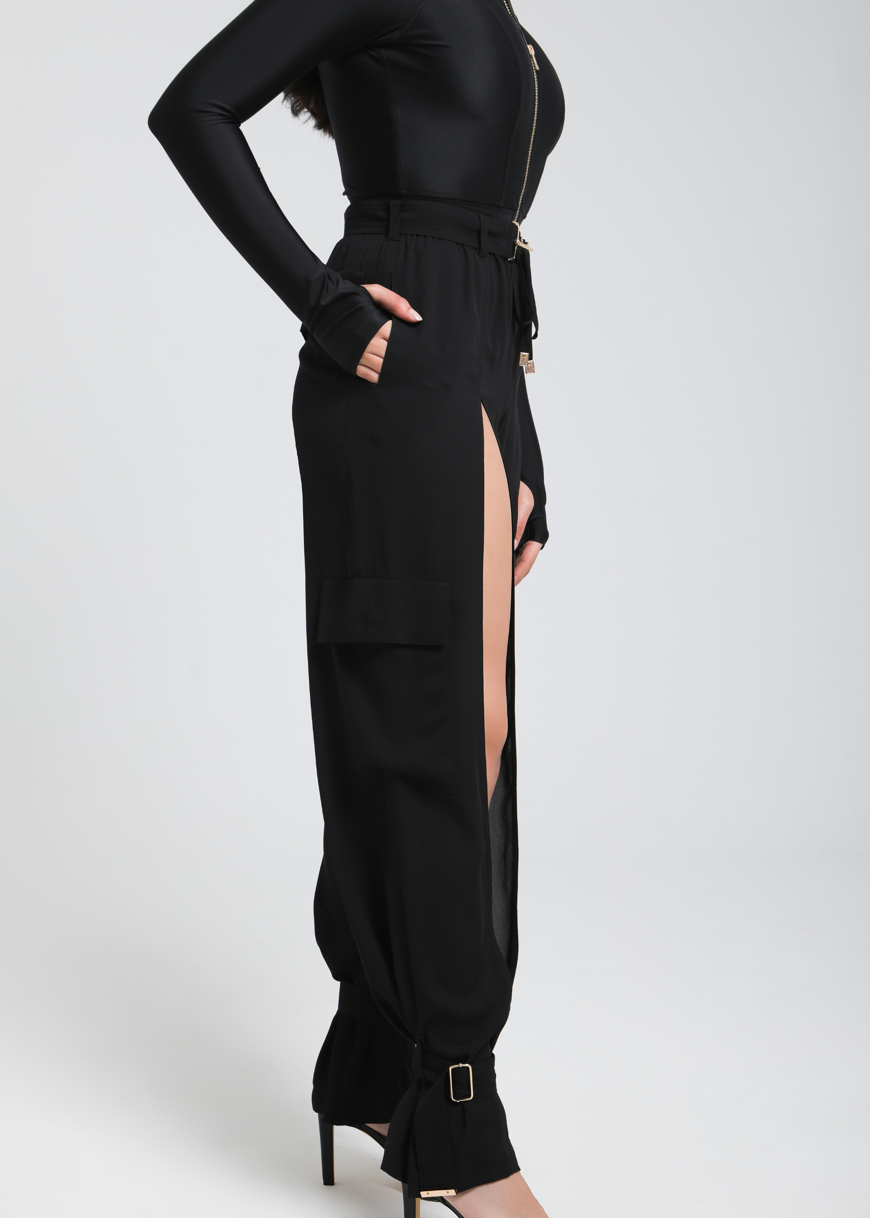 Sheer Cargo Pants with adjustable waist and ankle belts for customizable fit