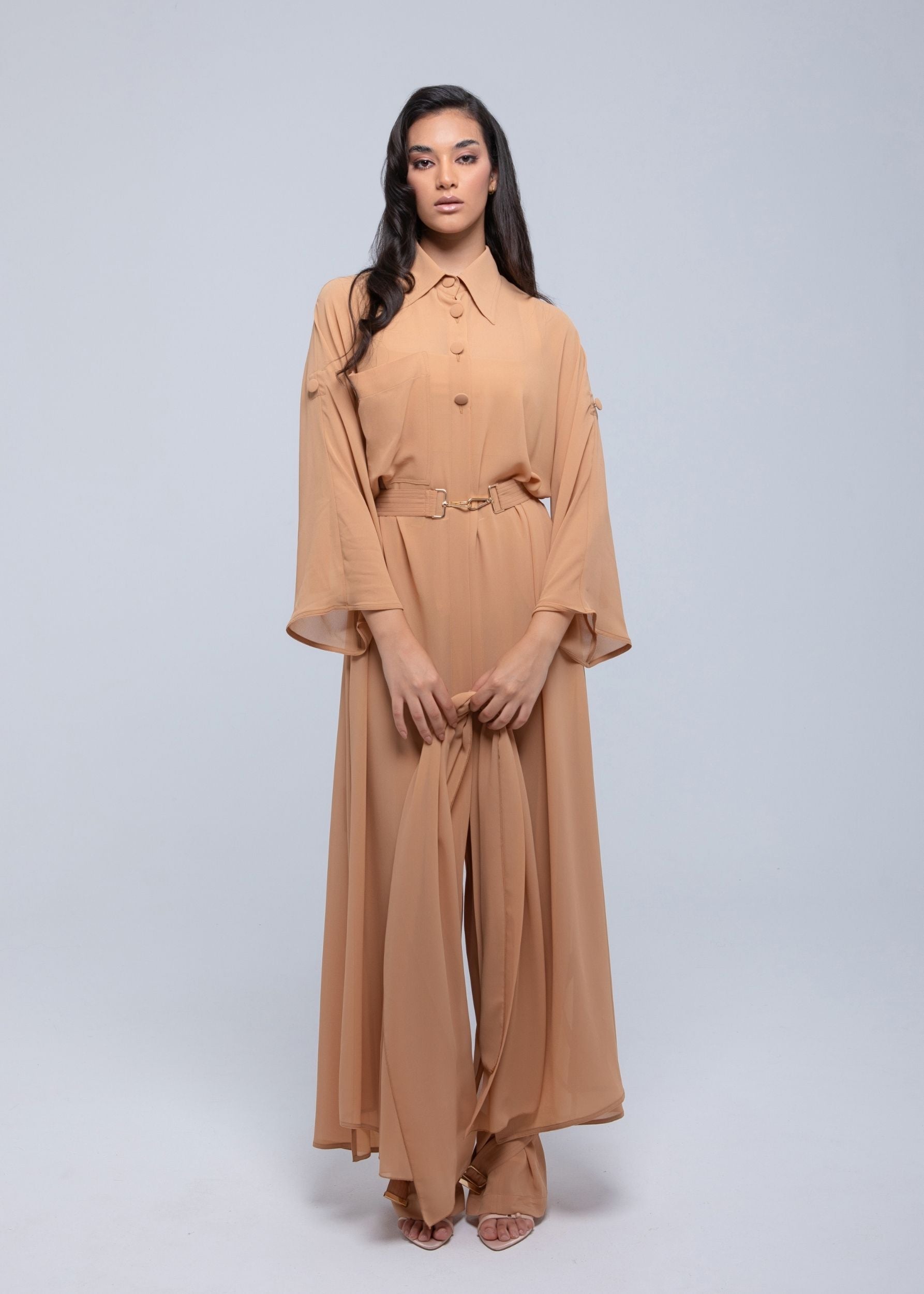 Sheer Maxi Shirt with gold-accented belt and adjustable sleeves