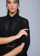 Sheer Maxi Shirt with gold-accented belt and adjustable sleeves