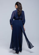 Sheer Maxi Shirt with gold-accented belt and adjustable sleeves