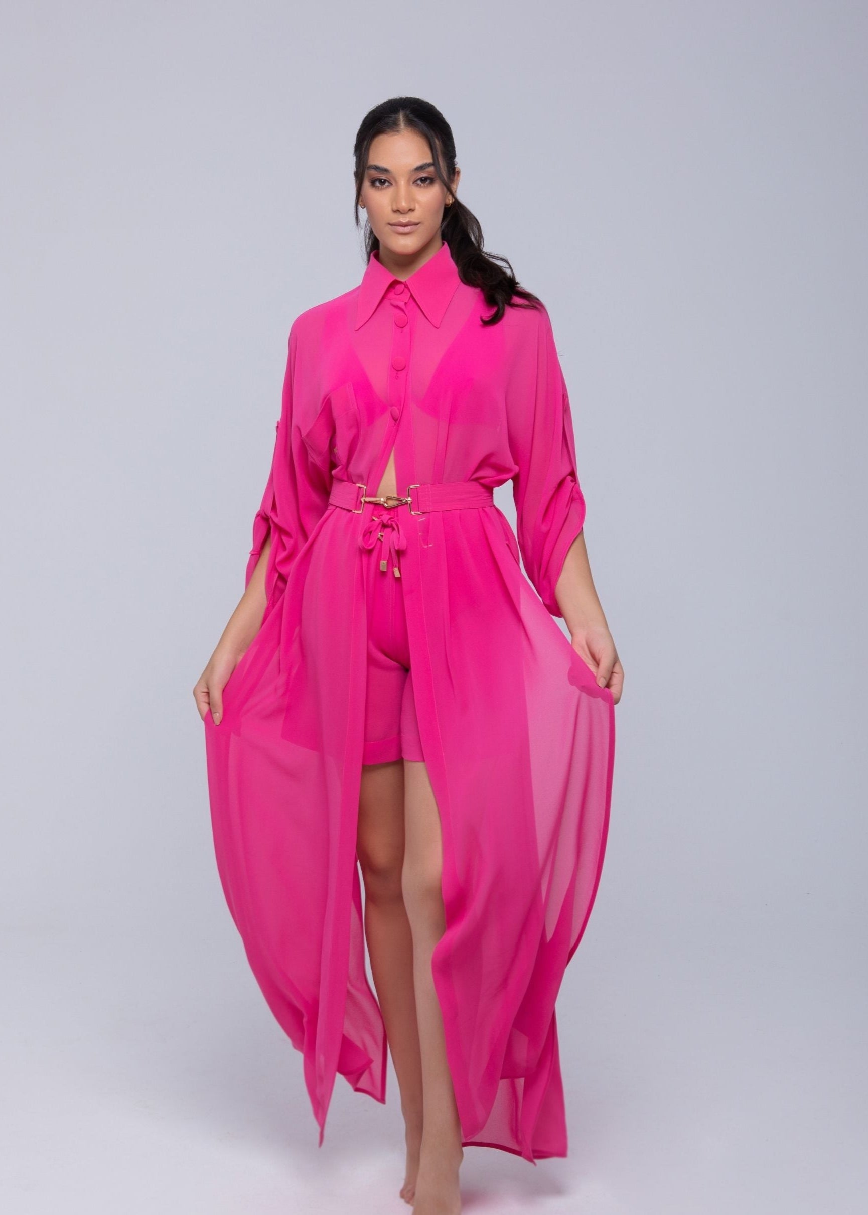 Sheer Maxi Shirt with gold-accented belt and adjustable sleeves