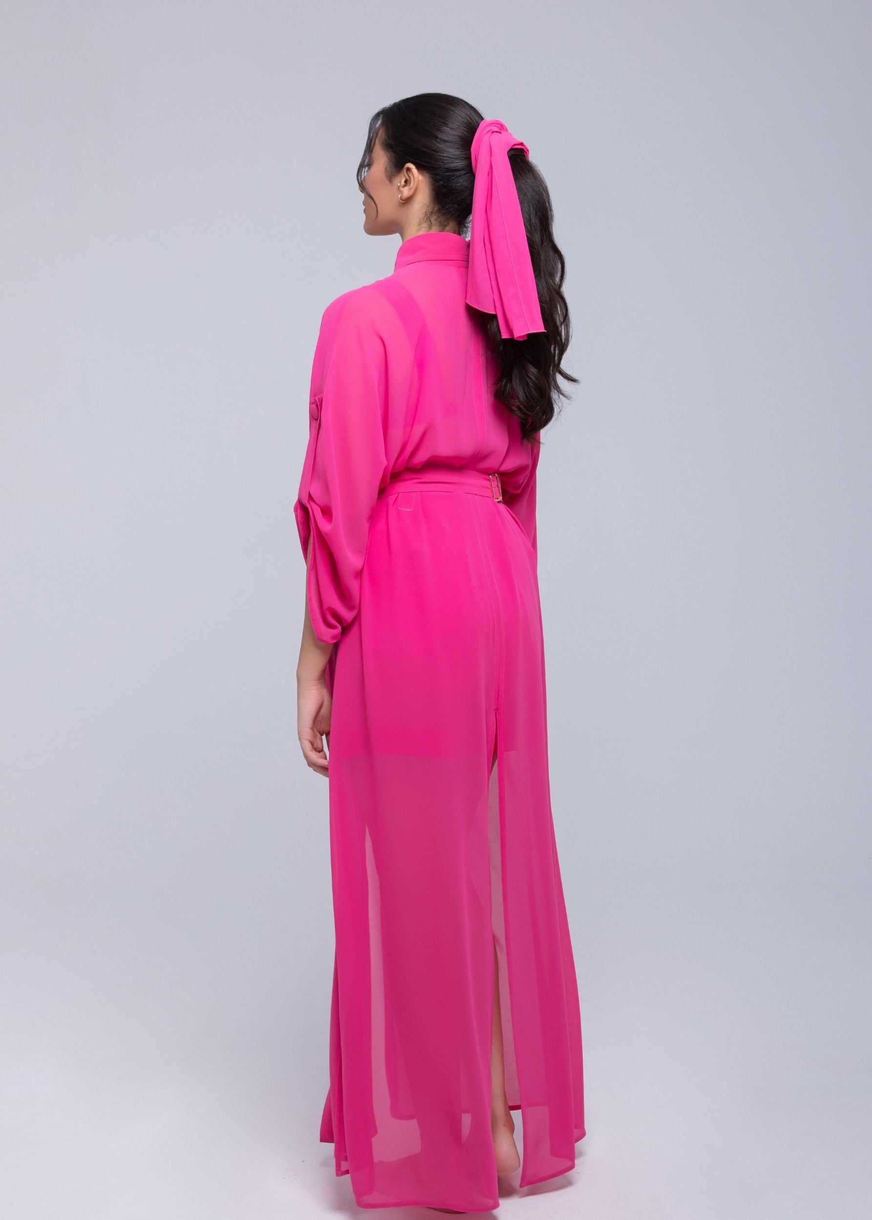 Sheer Maxi Shirt with gold-accented belt and adjustable sleeves