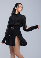 Sheer mini skirt with pleated lightweight fabric and one-side slit