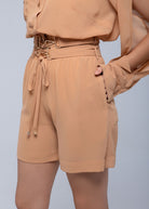 Sheer lightweight shorts with removable gold-detailed belt and pockets