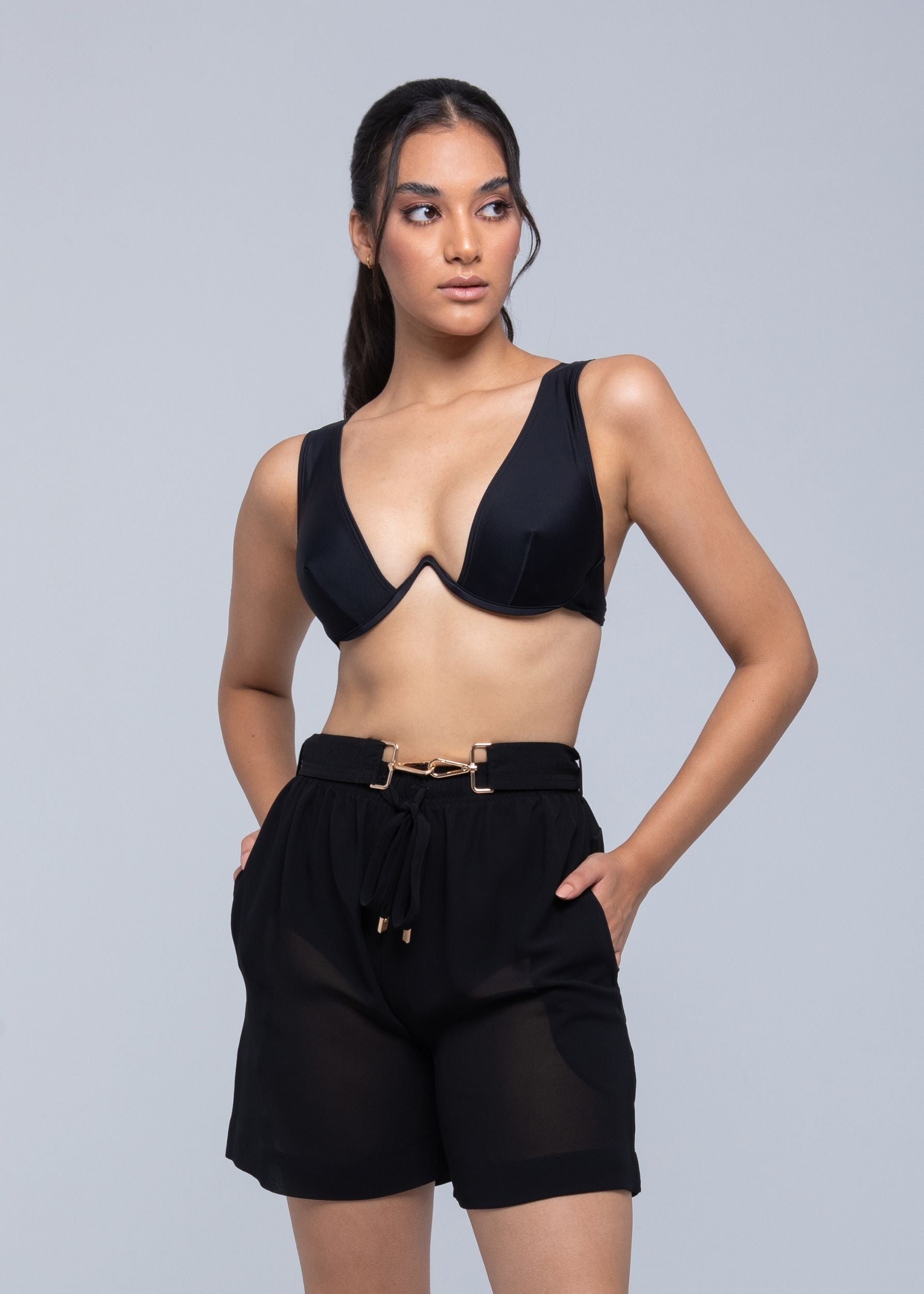 Sheer lightweight shorts with removable gold-detailed belt and pockets