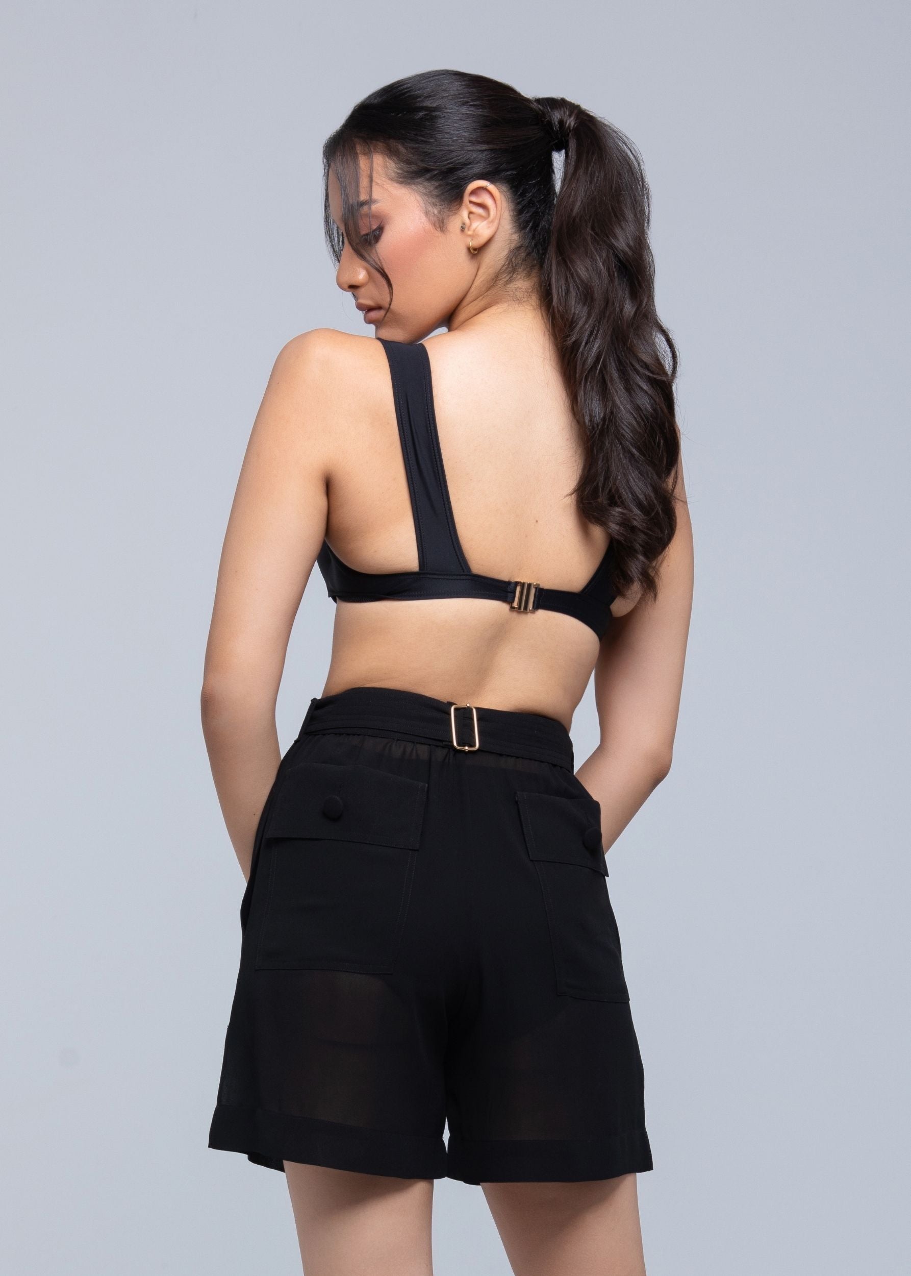 Sheer lightweight shorts with removable gold-detailed belt and pockets