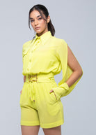 Sheer lightweight shorts with removable gold-detailed belt and pockets
