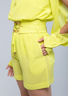 Sheer lightweight shorts with removable gold-detailed belt and pockets