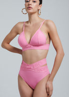 woman wearing Fierce Activewear's pink X-Shape high-waisted bikini bottom paired with a matching triangle bikini top and logo waistband detail